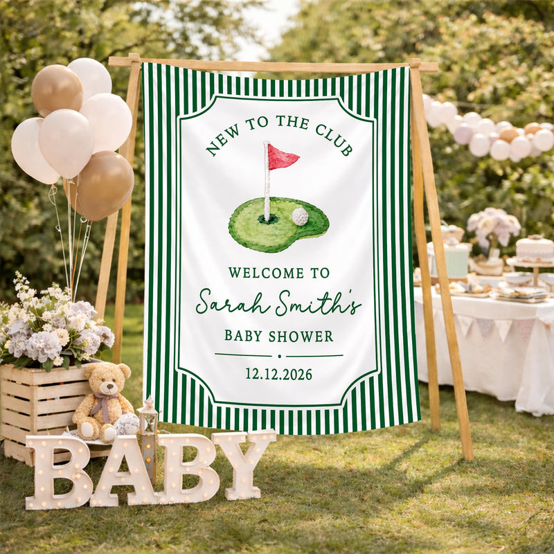 Personalized Golf Baby Shower Silk Banner with Green Stripes, Custom Name & Date, Perfect Keepsake for Baby Shower or Nursery Decor