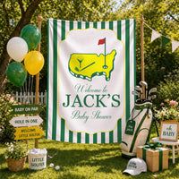 Personalized Golf Baby Shower Silk Banner with Green Stripes, Hole in One Theme, Custom Name Welcome Sign for Baby Shower Decor