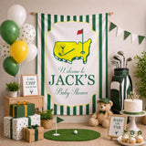 Personalized Golf Baby Shower Silk Banner with Green Stripes, Hole in One Theme, Custom Name Welcome Sign for Baby Shower Decor