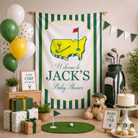Personalized Golf Baby Shower Silk Banner with Green Stripes, Hole in One Theme, Custom Name Welcome Sign for Baby Shower Decor