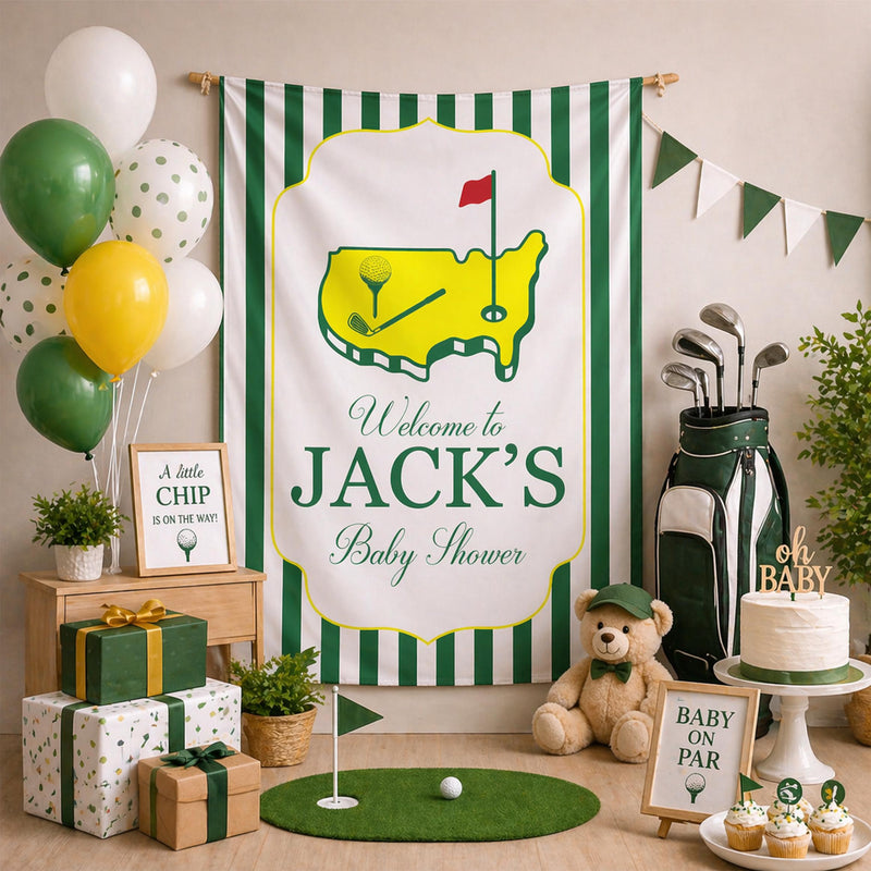 Personalized Golf Baby Shower Silk Banner with Green Stripes, Hole in One Theme, Custom Name Welcome Sign for Baby Shower Decor