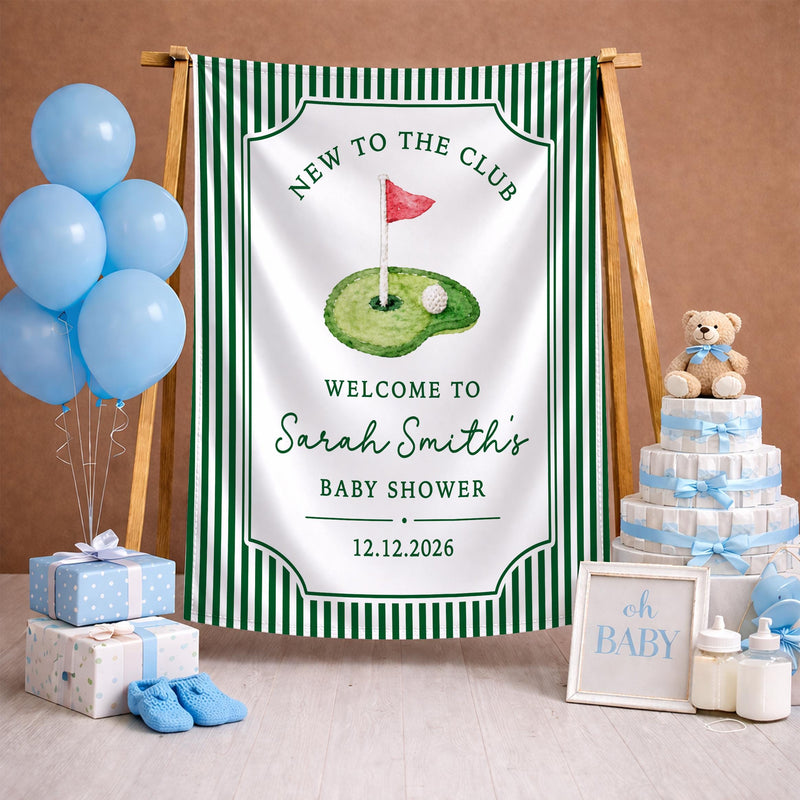 Personalized Golf Baby Shower Silk Banner with Green Stripes, Custom Name & Date, Perfect Keepsake for Baby Shower or Nursery Decor