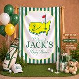 Personalized Golf Baby Shower Silk Banner with Green Stripes, Hole in One Theme, Custom Name Welcome Sign for Baby Shower Decor