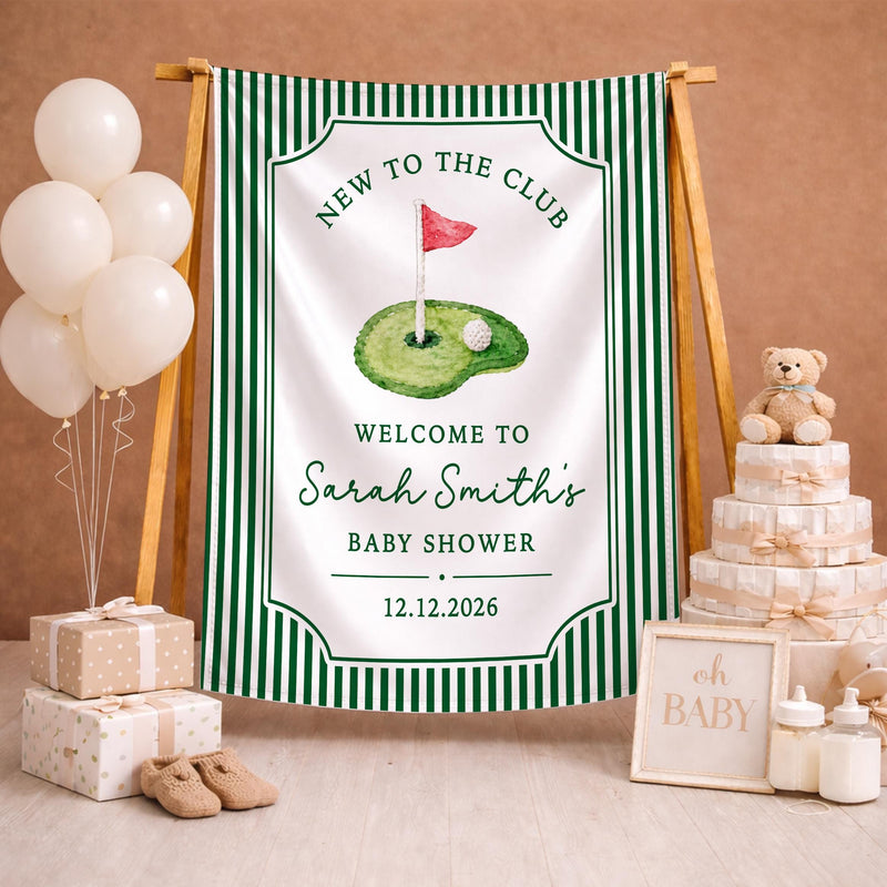 Personalized Golf Baby Shower Silk Banner with Green Stripes, Custom Name & Date, Perfect Keepsake for Baby Shower or Nursery Decor