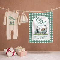 Personalized Golf Baby Shower Welcome Sign and Bodysuit Set, Light Blue Golf Cart Design, Custom Name New to the Club Theme Gift