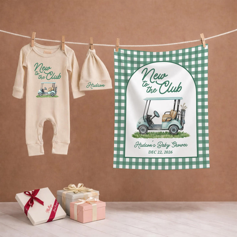 Personalized Golf Baby Shower Welcome Sign and Bodysuit Set, Light Blue Golf Cart Design, Custom Name New to the Club Theme Gift