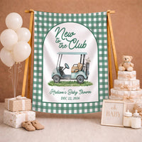 Personalized Golf Baby Shower Welcome Sign and Bodysuit Set, Light Blue Golf Cart Design, Custom Name New to the Club Theme Gift
