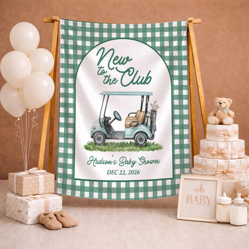Personalized Golf Baby Shower Welcome Sign and Bodysuit Set, Light Blue Golf Cart Design, Custom Name New to the Club Theme Gift