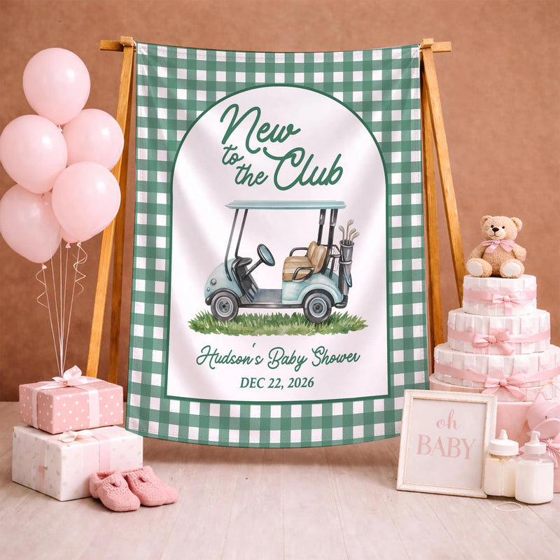 Personalized Golf Baby Shower Welcome Sign and Bodysuit Set, Light Blue Golf Cart Design, Custom Name New to the Club Theme Gift