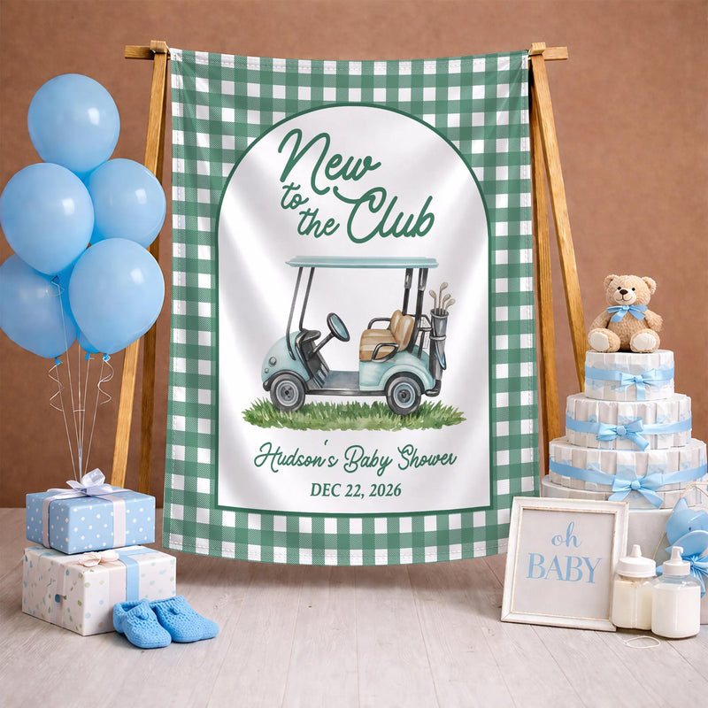 Personalized Golf Baby Shower Welcome Sign and Bodysuit Set, Light Blue Golf Cart Design, Custom Name New to the Club Theme Gift