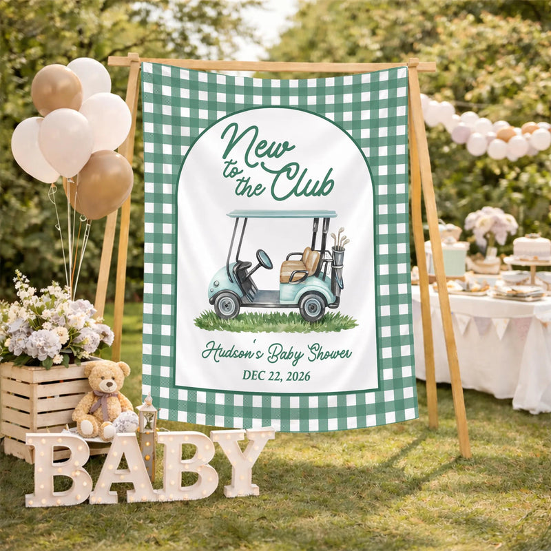 Personalized Golf Baby Shower Welcome Sign and Bodysuit Set, Light Blue Golf Cart Design, Custom Name New to the Club Theme Gift