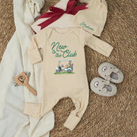 Personalized Golf Baby Shower Welcome Sign and Bodysuit Set, Light Blue Golf Cart Design, Custom Name New to the Club Theme Gift