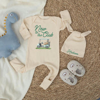 Personalized Golf Baby Shower Welcome Sign and Bodysuit Set, Light Blue Golf Cart Design, Custom Name New to the Club Theme Gift