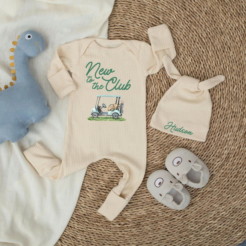 Personalized Golf Baby Shower Welcome Sign and Bodysuit Set, Light Blue Golf Cart Design, Custom Name New to the Club Theme Gift