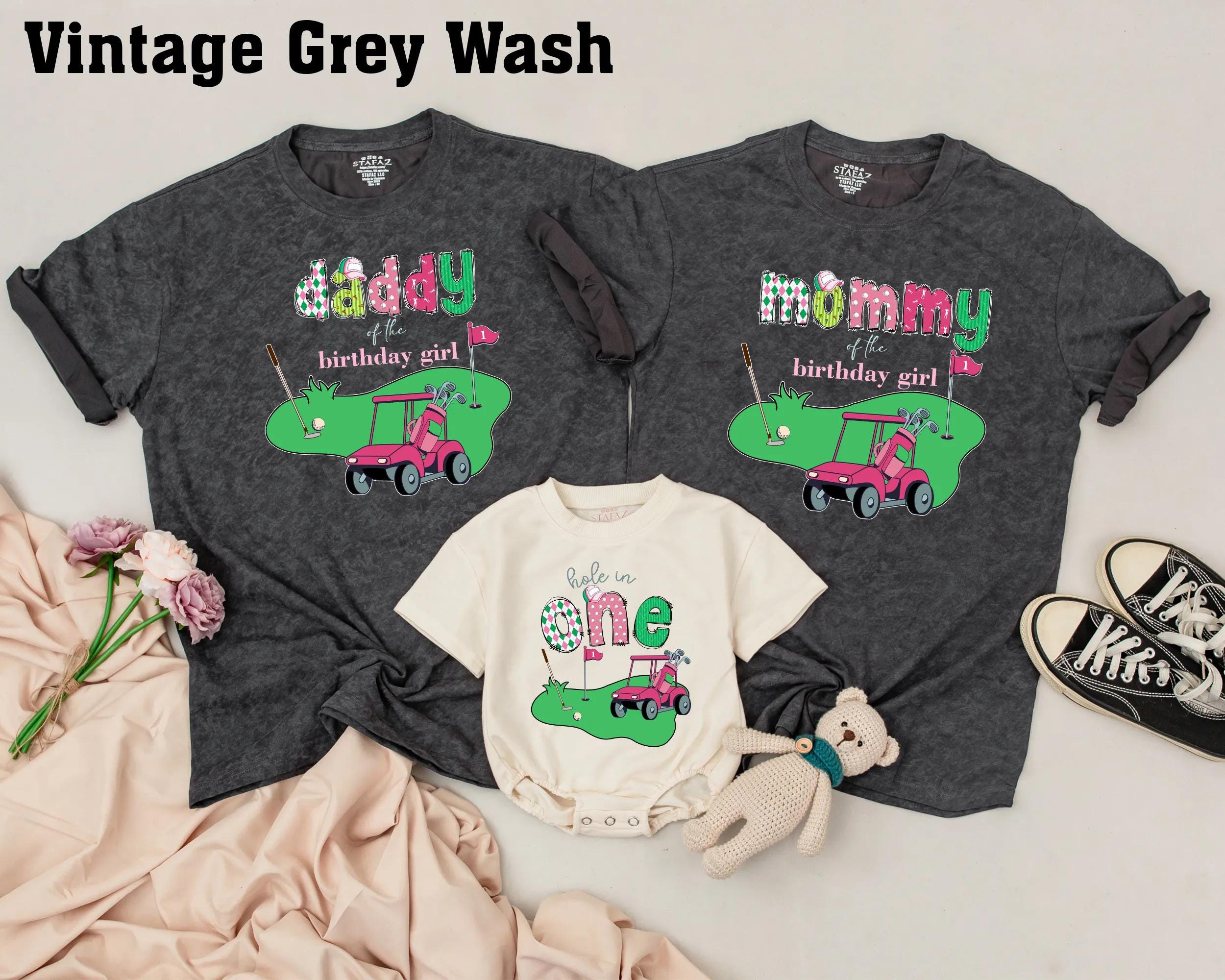Personalized Golf Birthday Girl Family Matching Shirts for 1st Birthday Party Fun Vibrant Green Pink Design Cotton Gift Outfit