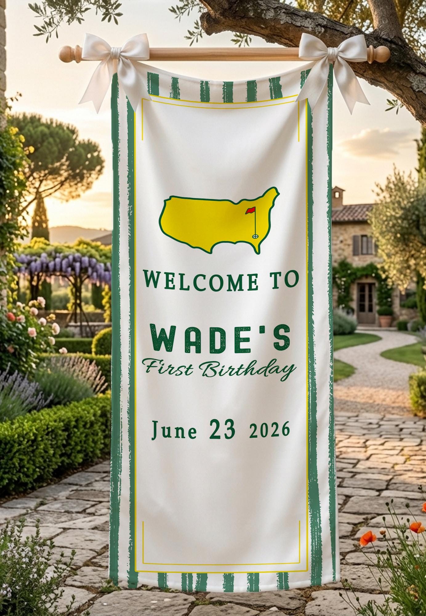 Personalized Golf First Birthday Banner for Baby Boy Party Decor with Custom Name and Date June 23 2026 Sporty Masters Theme Design