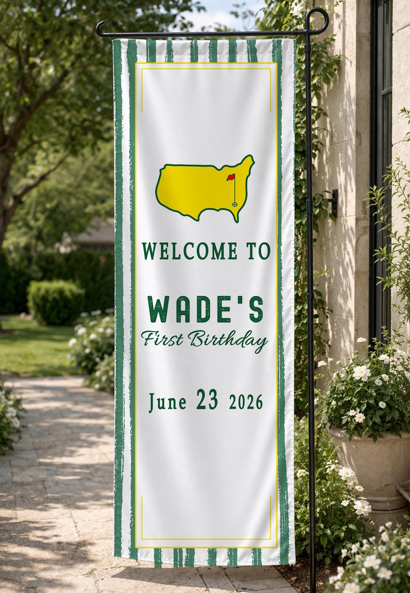 Personalized Golf First Birthday Banner for Baby Boy Party Decor with Custom Name and Date June 23 2026 Sporty Masters Theme Design