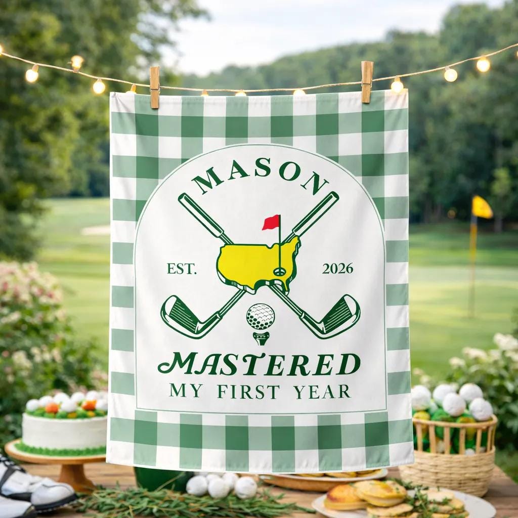 Personalized Golf First Birthday Banner with Green Gingham Border and Vintage Sports Theme, Custom Name Par One Party Backdrop Decor
