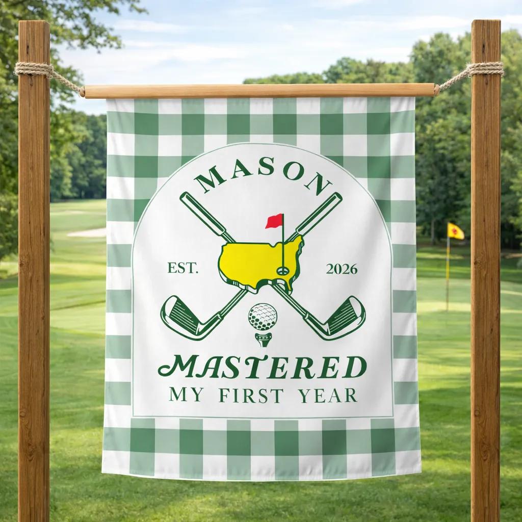 Personalized Golf First Birthday Banner with Green Gingham Border and Vintage Sports Theme, Custom Name Par One Party Backdrop Decor