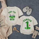 Personalized Golf First Birthday Outfit for Baby Boy with Green and Blue Design, Par-Tee Boy Romper or Hole in One Cake Smash Outfit