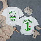Personalized Golf First Birthday Outfit for Baby Boy with Green and Blue Design, Par-Tee Boy Romper or Hole in One Cake Smash Outfit