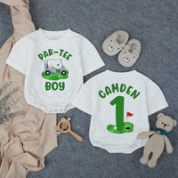 Personalized Golf First Birthday Outfit for Baby Boy with Green and Blue Design, Par-Tee Boy Romper or Hole in One Cake Smash Outfit
