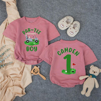 Personalized Golf First Birthday Outfit for Baby Boy with Green and Blue Design, Par-Tee Boy Romper or Hole in One Cake Smash Outfit