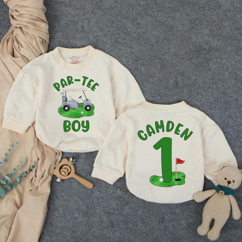 Personalized Golf First Birthday Outfit for Baby Boy with Green and Blue Design, Par-Tee Boy Romper or Hole in One Cake Smash Outfit