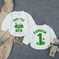 Personalized Golf First Birthday Outfit for Baby Boy with Green and Blue Design, Par-Tee Boy Romper or Hole in One Cake Smash Outfit