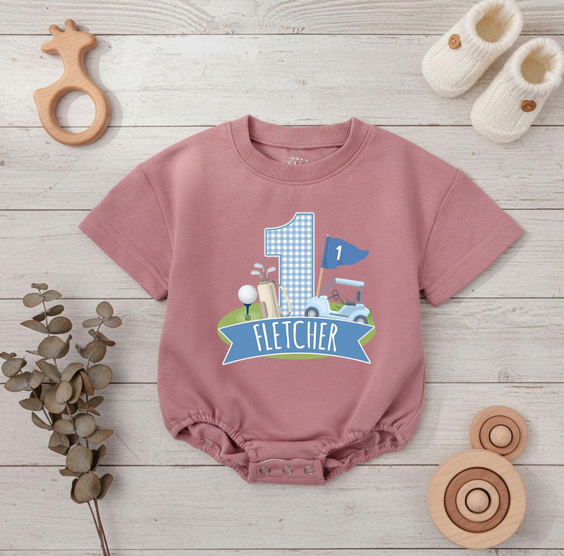 Personalized Golf First Birthday Romper Baby Boy Outfit Light Blue Gingham Bubble Bodysuit Custom Name Infant Party Clothes Cotton