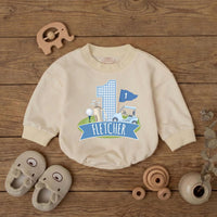 Personalized Golf First Birthday Romper Baby Boy Outfit Light Blue Gingham Bubble Bodysuit Custom Name Infant Party Clothes Cotton