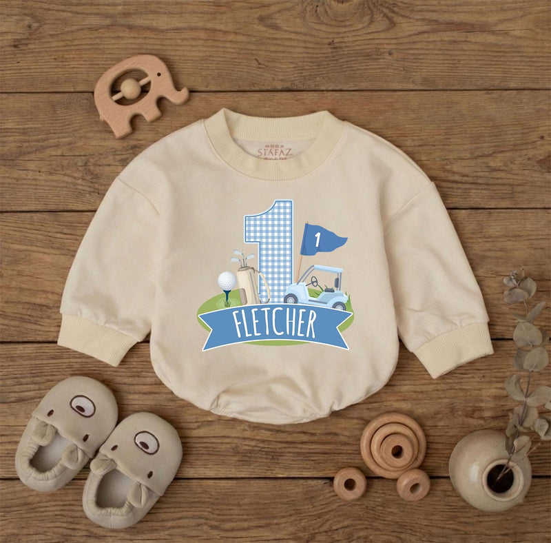 Personalized Golf First Birthday Romper Baby Boy Outfit Light Blue Gingham Bubble Bodysuit Custom Name Infant Party Clothes Cotton