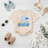 Personalized Golf First Birthday Romper Baby Boy Outfit Light Blue Gingham Bubble Bodysuit Custom Name Infant Party Clothes Cotton