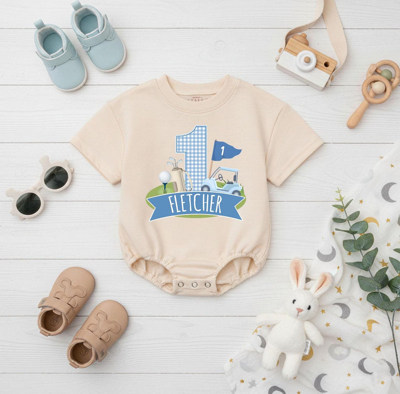 Personalized Golf First Birthday Romper Baby Boy Outfit Light Blue Gingham Bubble Bodysuit Custom Name Infant Party Clothes Cotton