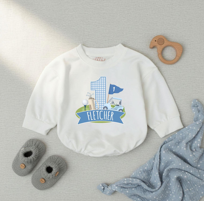 Personalized Golf First Birthday Romper Baby Boy Outfit Light Blue Gingham Bubble Bodysuit Custom Name Infant Party Clothes Cotton