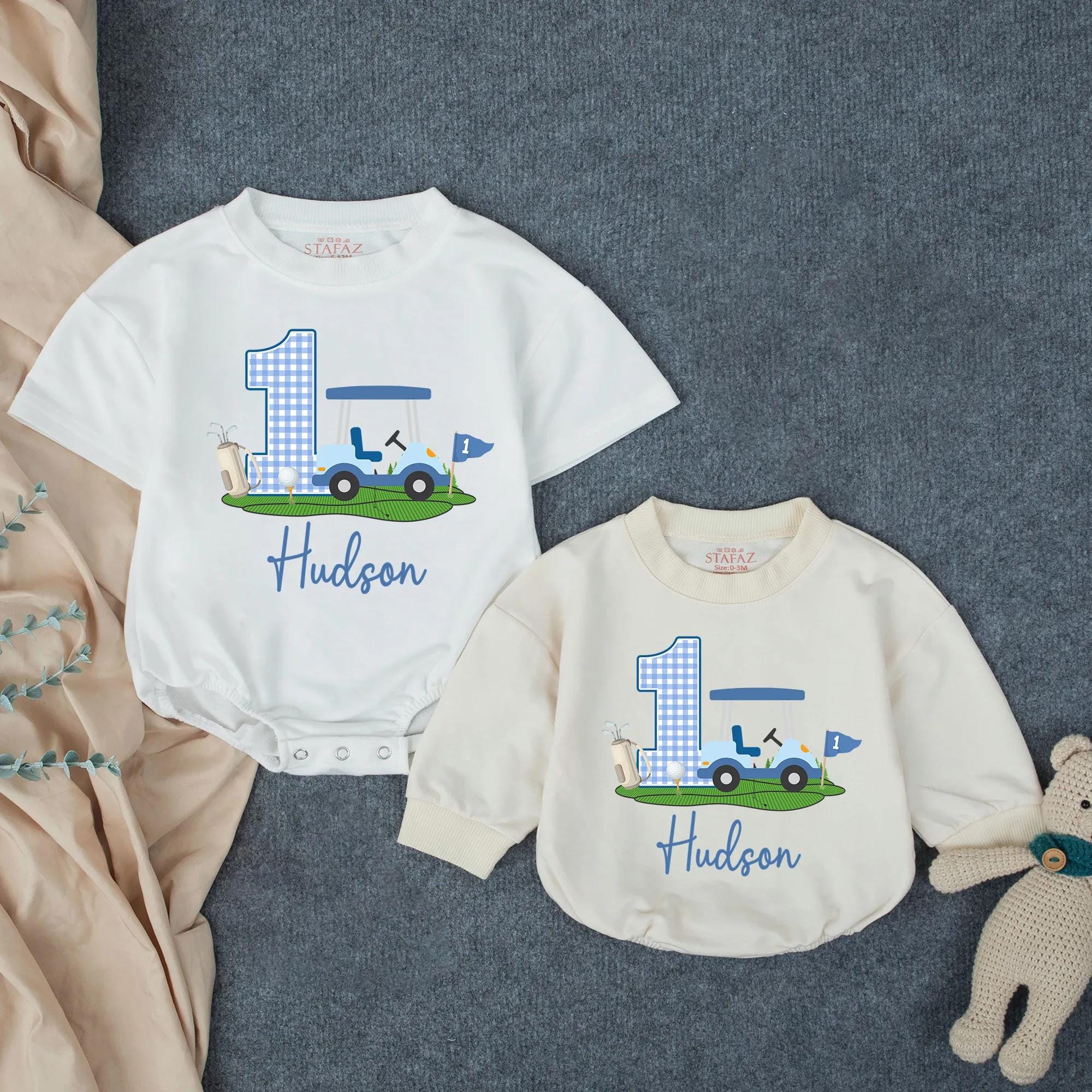 Personalized Golf First Birthday Shirt for Baby Boy with Gingham One and Golf Cart Design, Custom Name Outfit Perfect for Party Celebration