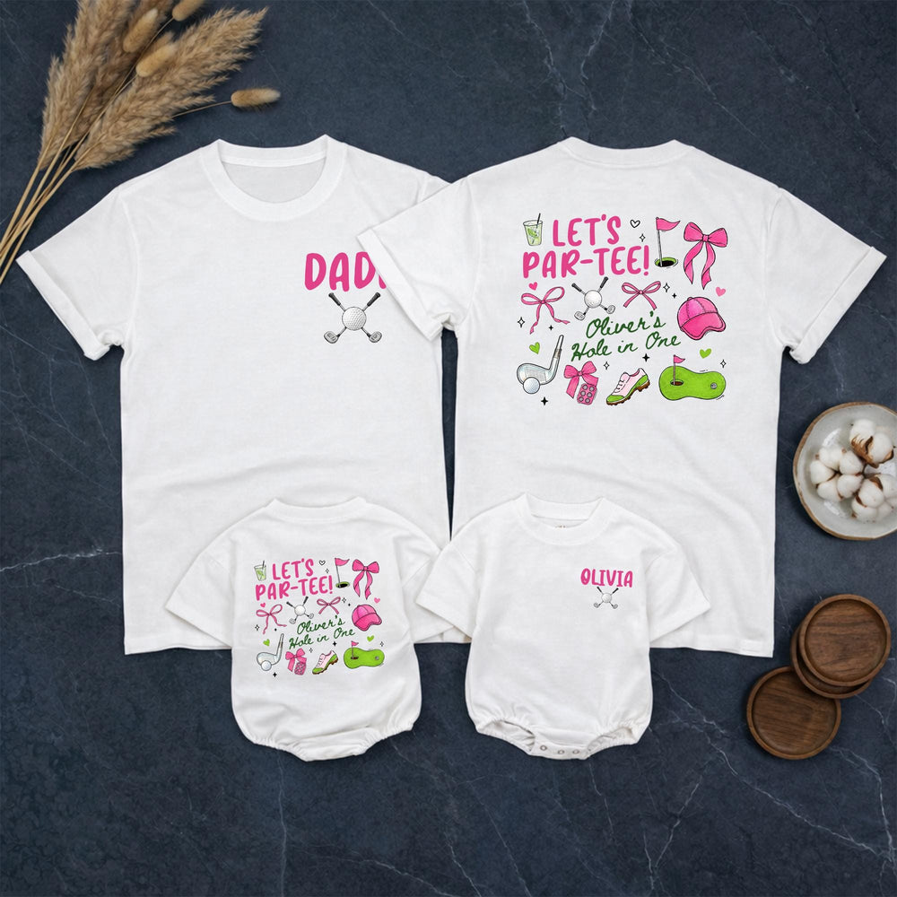 Personalized Golf First Birthday Shirts for Family Hole in One Matching Outfits Pink and Green 1st Birthday Girl Party Clothes