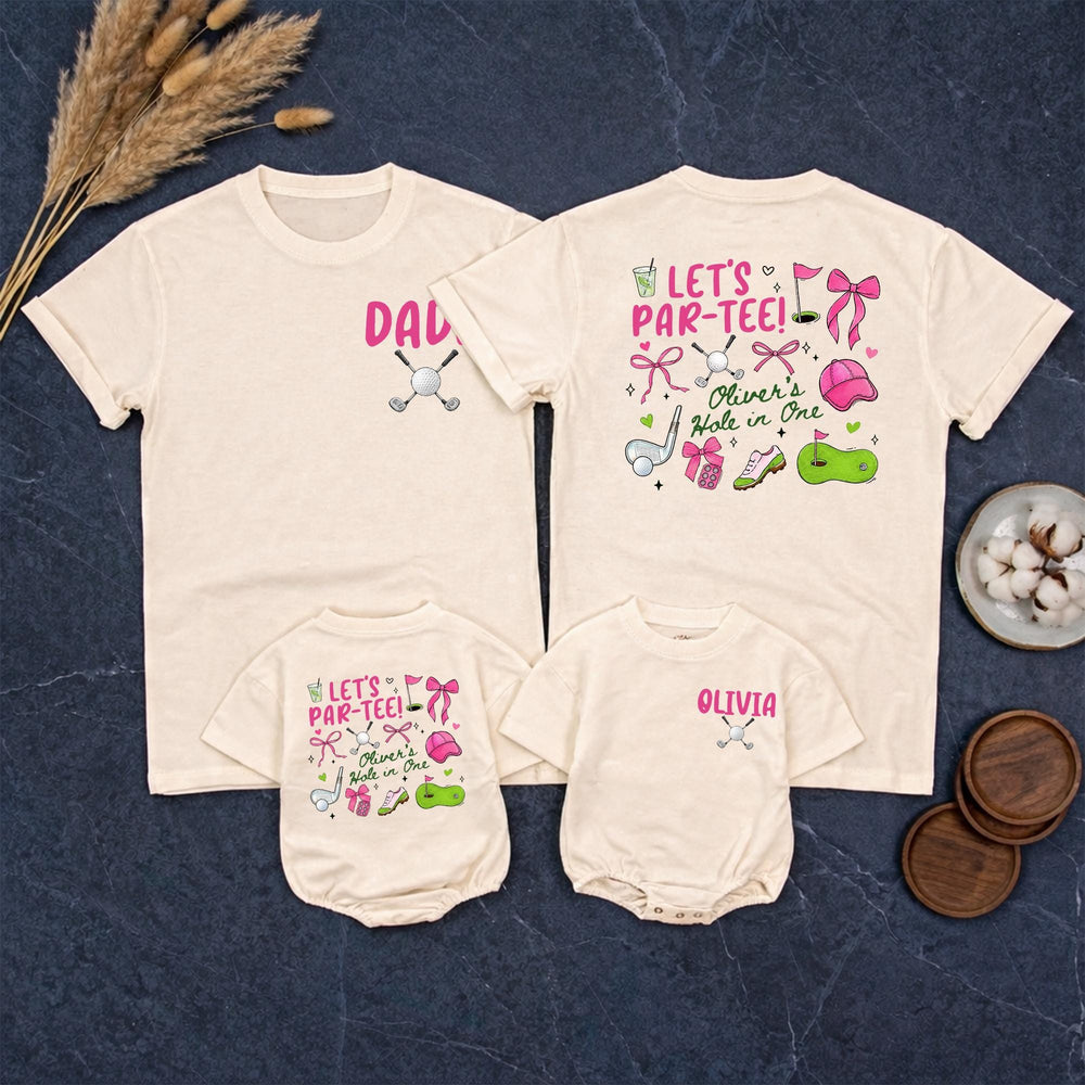Personalized Golf First Birthday Shirts for Family Hole in One Matching Outfits Pink and Green 1st Birthday Girl Party Clothes