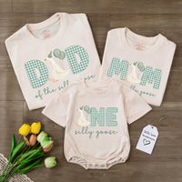 Personalized Goose Family Birthday Shirts with Gingham Letters Mom Dad Baby Outfit Custom Name First Birthday Party Bodysuit Gift