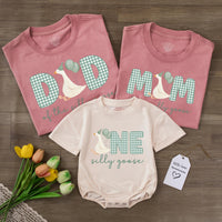 Personalized Goose Family Birthday Shirts with Gingham Letters Mom Dad Baby Outfit Custom Name First Birthday Party Bodysuit Gift