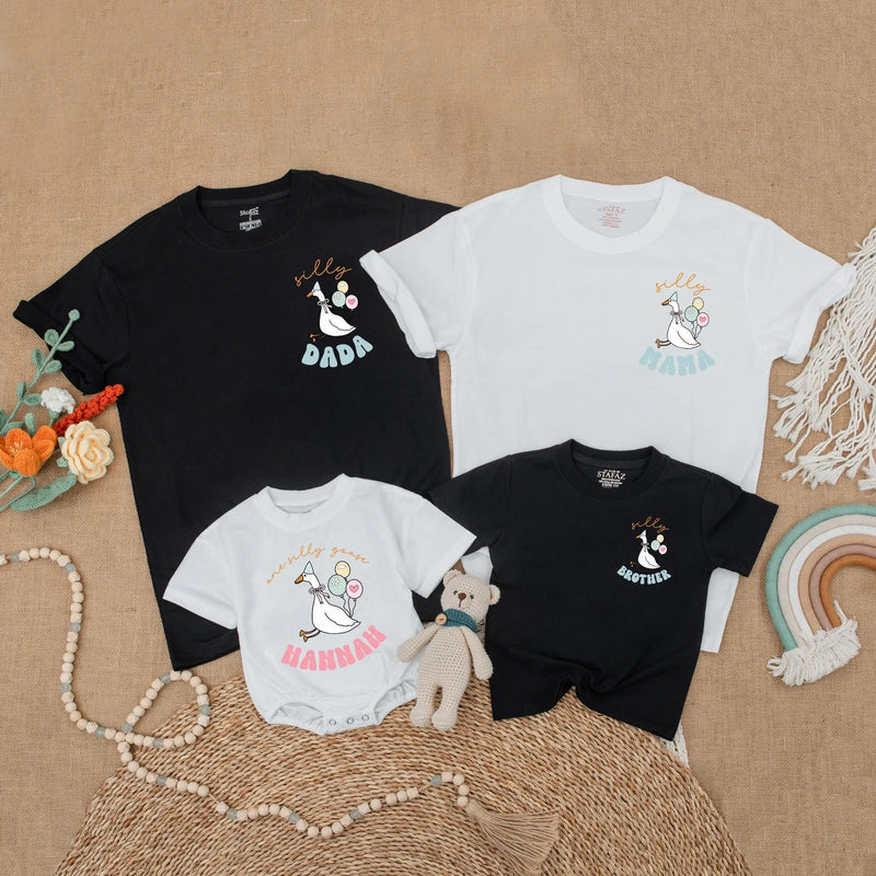 Personalized Goose Family Matching Shirts Fun Birthday Outfit for Baby Toddler Party with Soft Pastel Balloons and Custom Names