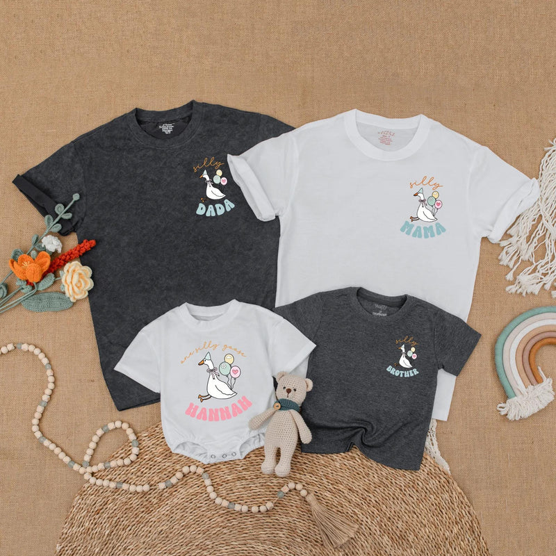 Personalized Goose Family Matching Shirts Fun Birthday Outfit for Baby Toddler Party with Soft Pastel Balloons and Custom Names