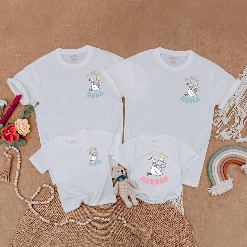 Personalized Goose Family Matching Shirts Fun Birthday Outfit for Baby Toddler Party with Soft Pastel Balloons and Custom Names