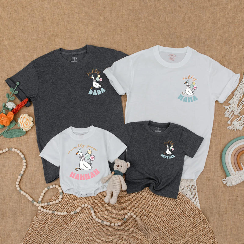 Personalized Goose Family Matching Shirts Fun Birthday Outfit for Baby Toddler Party with Soft Pastel Balloons and Custom Names