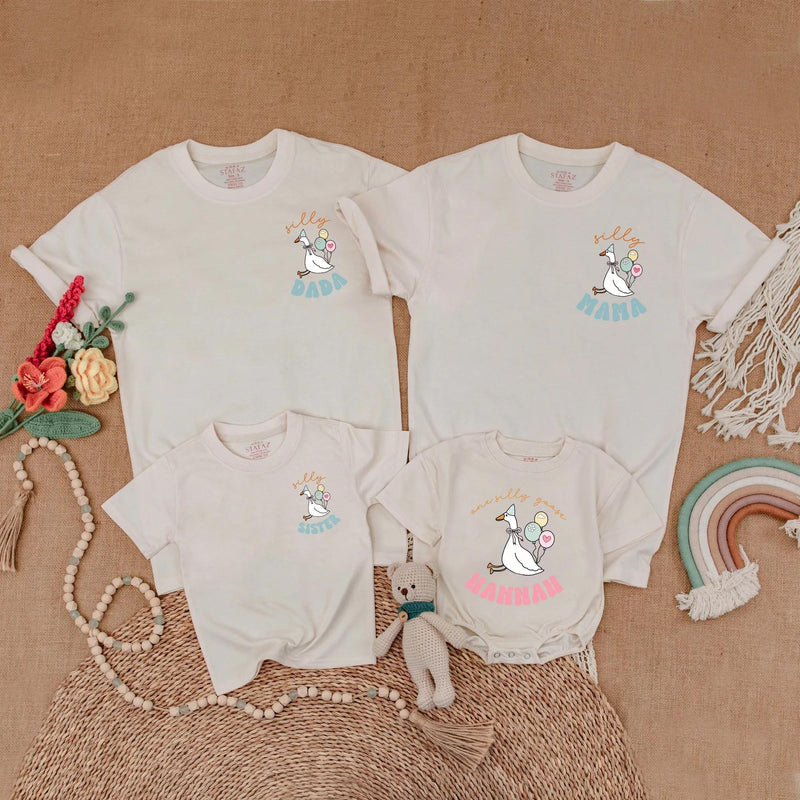 Personalized Goose Family Matching Shirts Fun Birthday Outfit for Baby Toddler Party with Soft Pastel Balloons and Custom Names