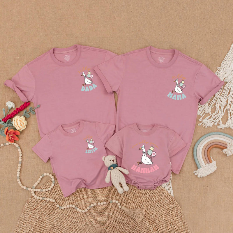 Personalized Goose Family Matching Shirts Fun Birthday Outfit for Baby Toddler Party with Soft Pastel Balloons and Custom Names