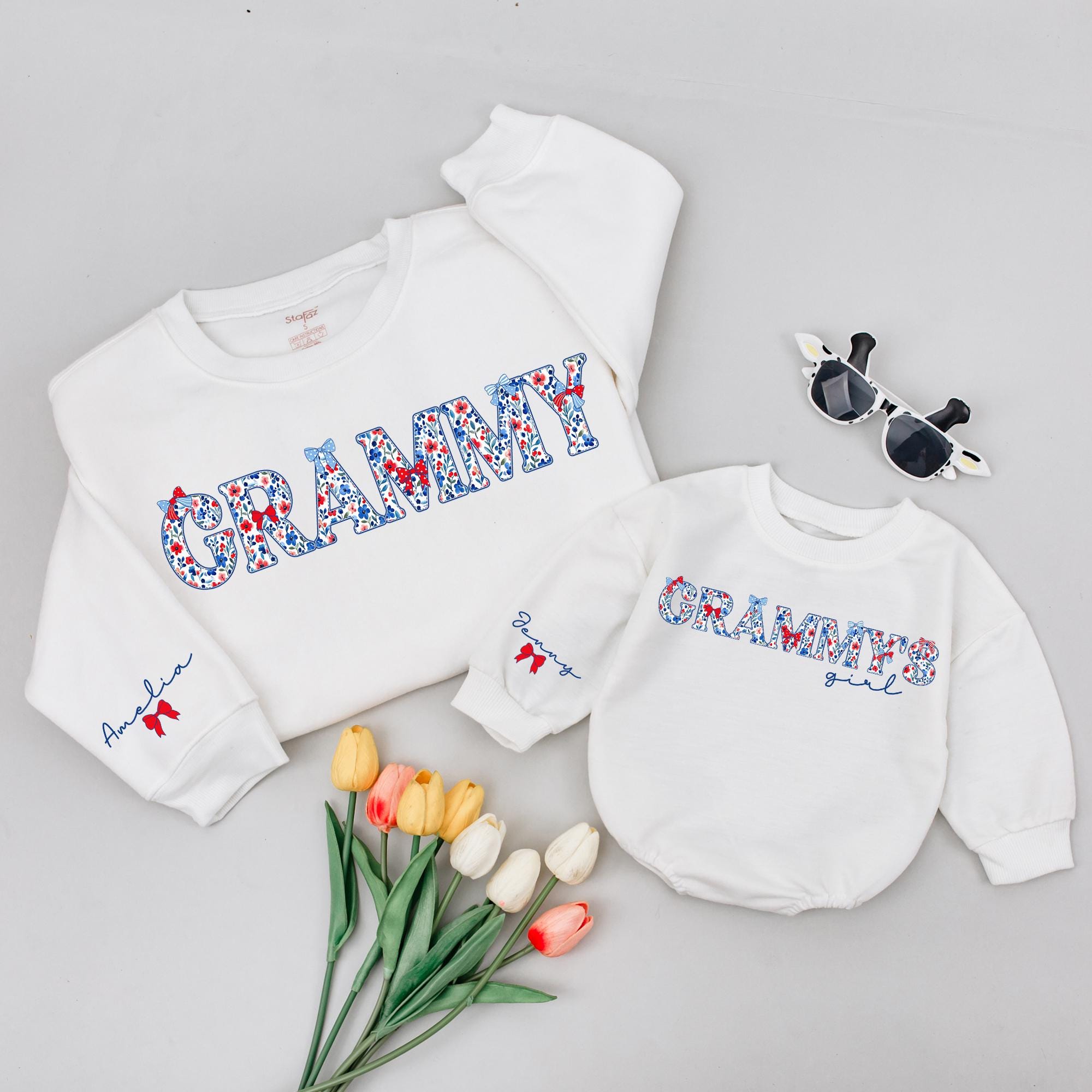Personalized Grammy and Grammy's Girl Matching Sweatshirts, Floral Patriotic Design, Baby Romper and Grandma Outfit, Soft Cotton Material