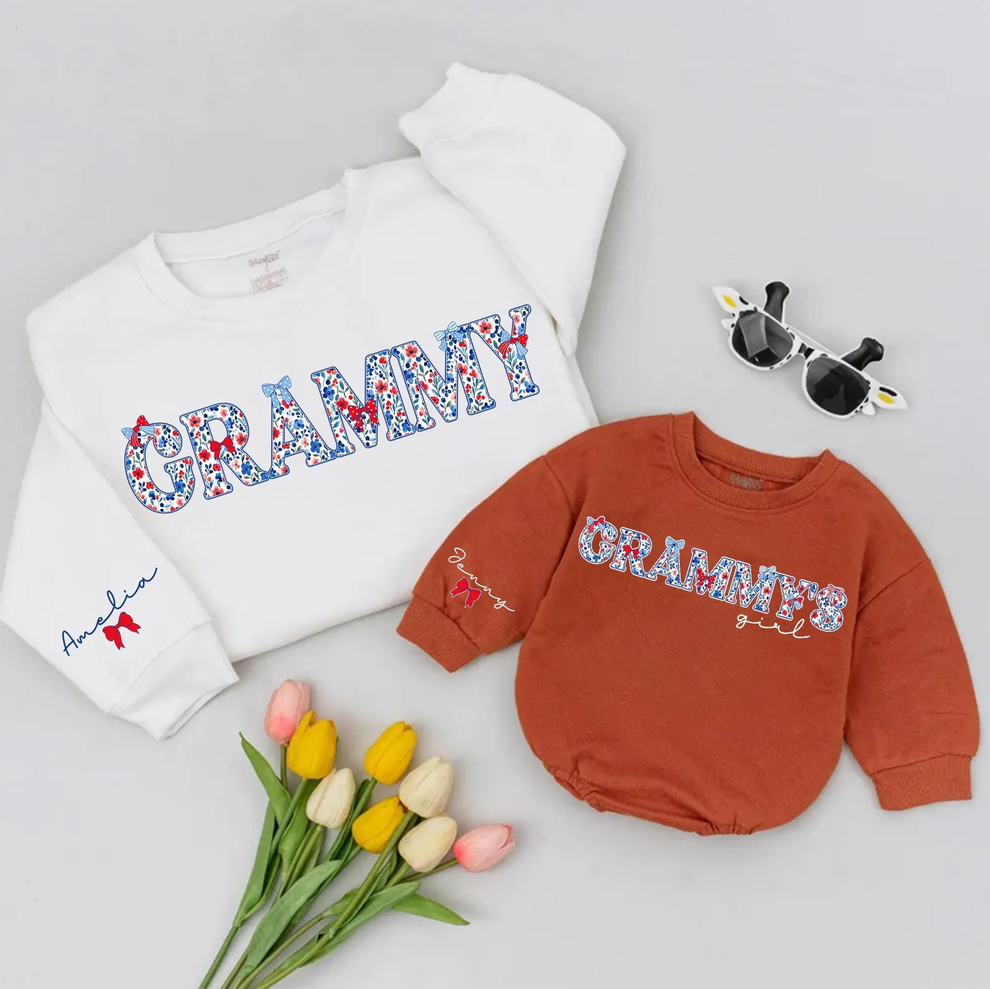 Personalized Grammy and Grammy's Girl Matching Sweatshirts, Floral Patriotic Design, Baby Romper and Grandma Outfit, Soft Cotton Material