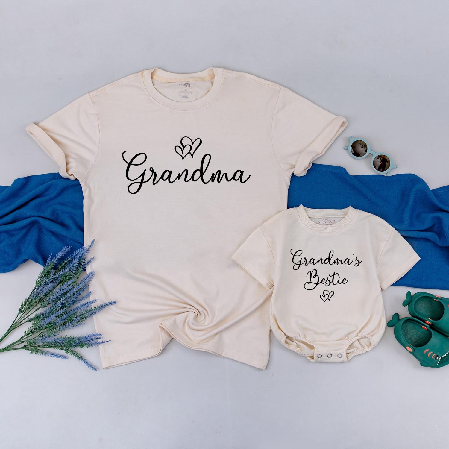 Personalized Grandma and Baby Matching Shirts with Heart Design, Custom Family Set Outfit for Grandchild Reveal, Soft Cotton Baby Gift