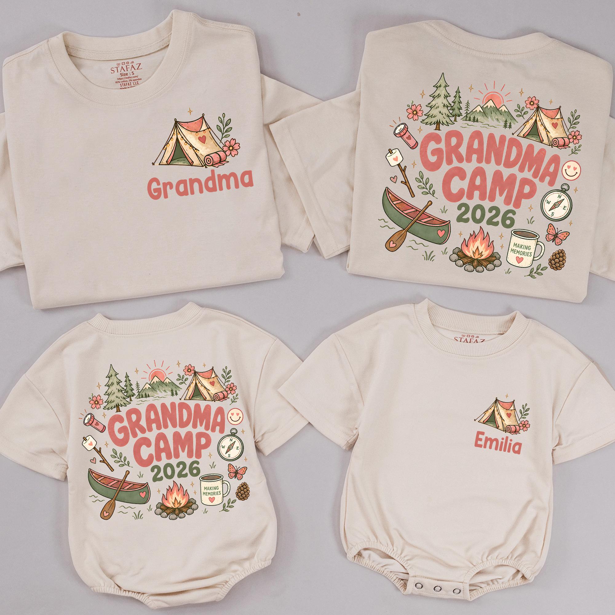 Personalized Grandma Camp 2026 Matching Family T-Shirts & Baby Rompers, Custom Names, Soft Cotton, Perfect for Grandparents Day Outfit